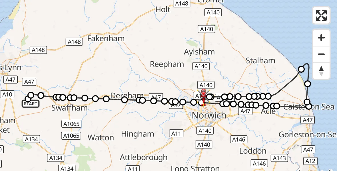 Flight route Air Ambulance Helicopter Marham - Norwich Airport, 20 September 2026, 12:06