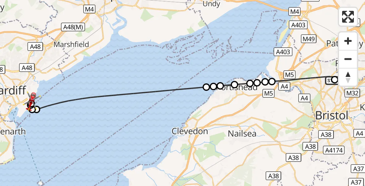 Flight route Air Ambulance Helicopter Southmead Hospital - Cardiff Heliport, 20 September 2026, 12:09