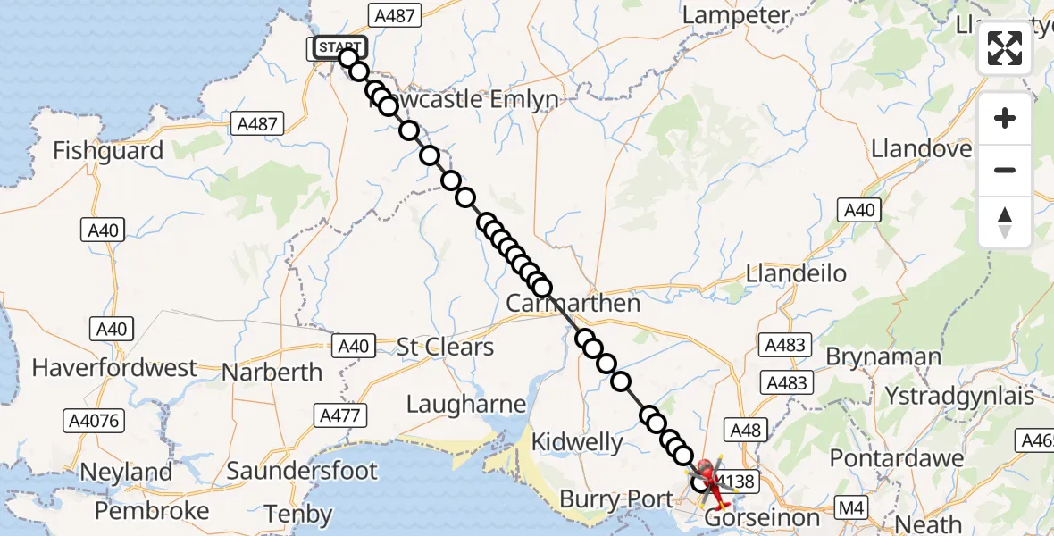 Flight route Air Ambulance Helicopter Aberteifi / Cardigan - Dafen, 20 September 2026, 12:09