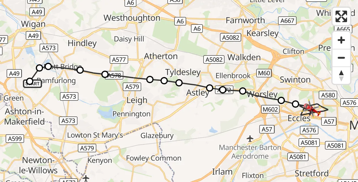 Flight route Air Ambulance Helicopter Ashton-in-Makerfield - Eccles, 20 September 2026, 12:24