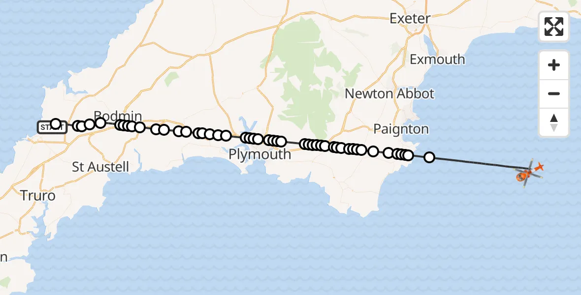 Flight route Coastguard Helicopter Cornwall Airport Newquay - English Channel, 20 September 2026, 12:25