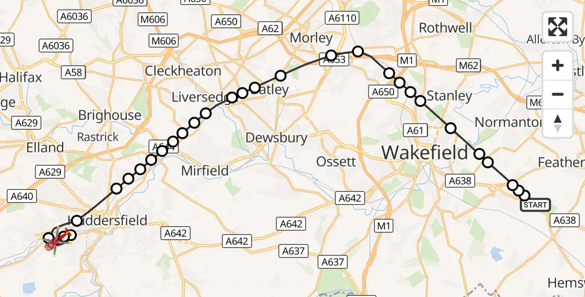 Flight route Air Ambulance Helicopter YAA Nostell Helicopter Port - Cowlersley, 20 September 2026, 12:27