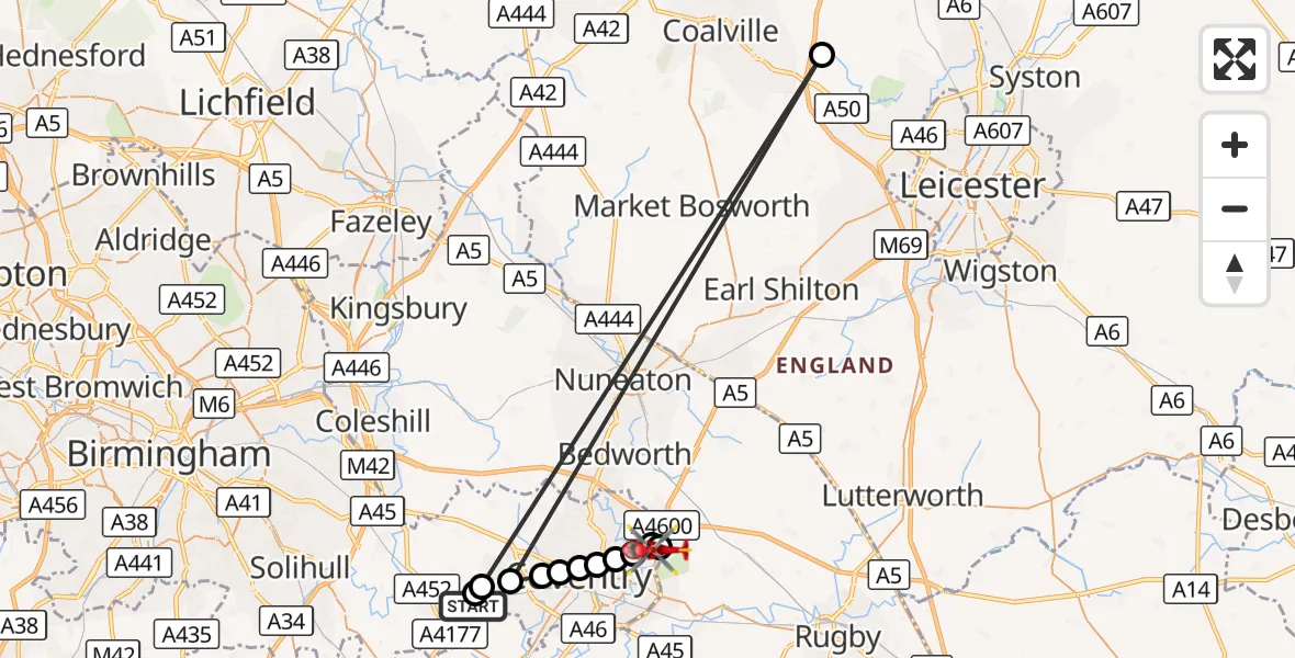 Flight route Air Ambulance Helicopter Solihull - Rugby, 20 September 2026, 12:33