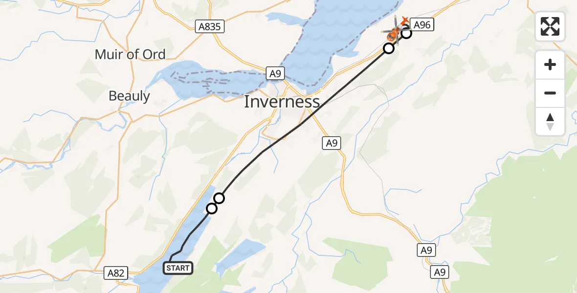 Flight route Coastguard Helicopter Loch Ness - Inverness Airport, 20 September 2026, 12:34
