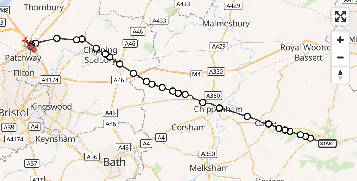 Flight route Air Ambulance Helicopter Beckhampton - Almondsbury Helicopter Base, 20 September 2026, 12:44