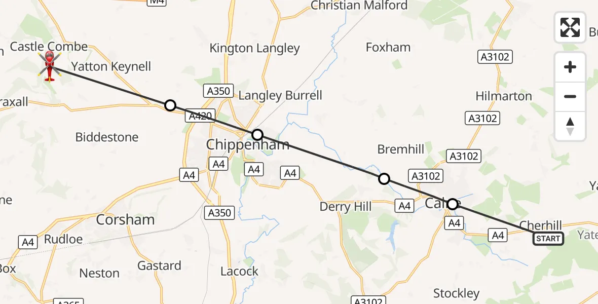 Flight route Air Ambulance Helicopter Cherhill - Castle Combe, 20 September 2026, 12:46