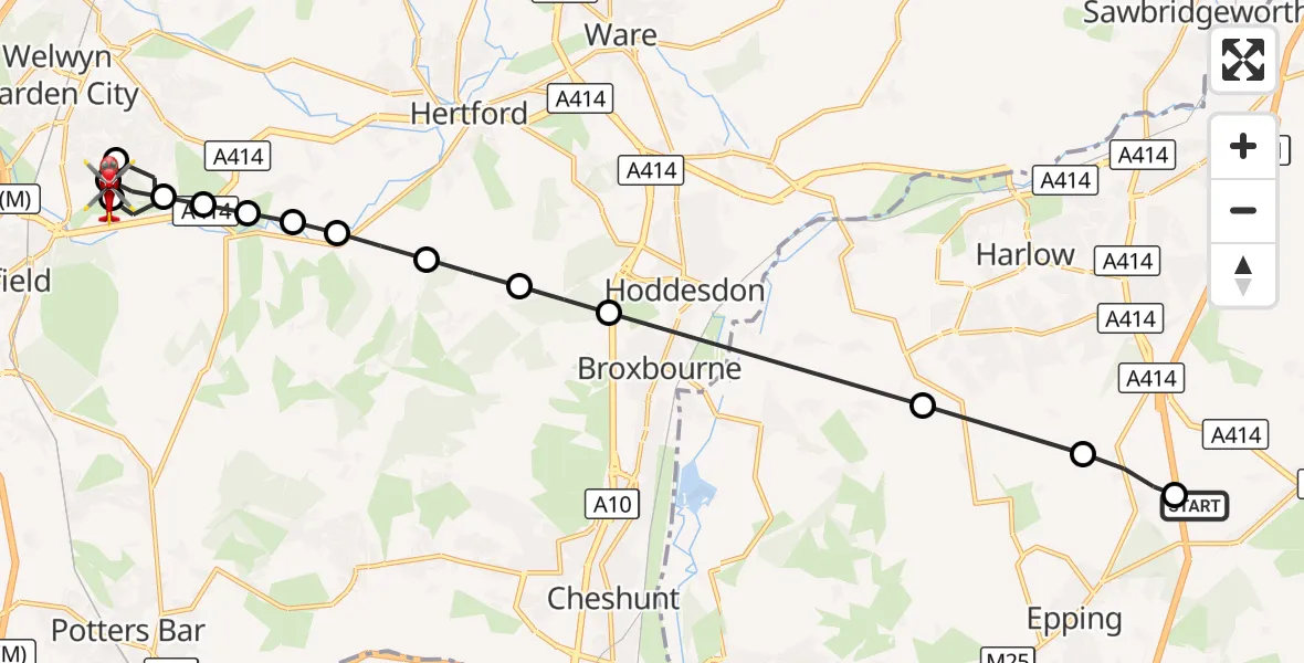 Flight route Air Ambulance Helicopter North Weald Airfield - Welwyn Garden City, 20 September 2026, 12:53