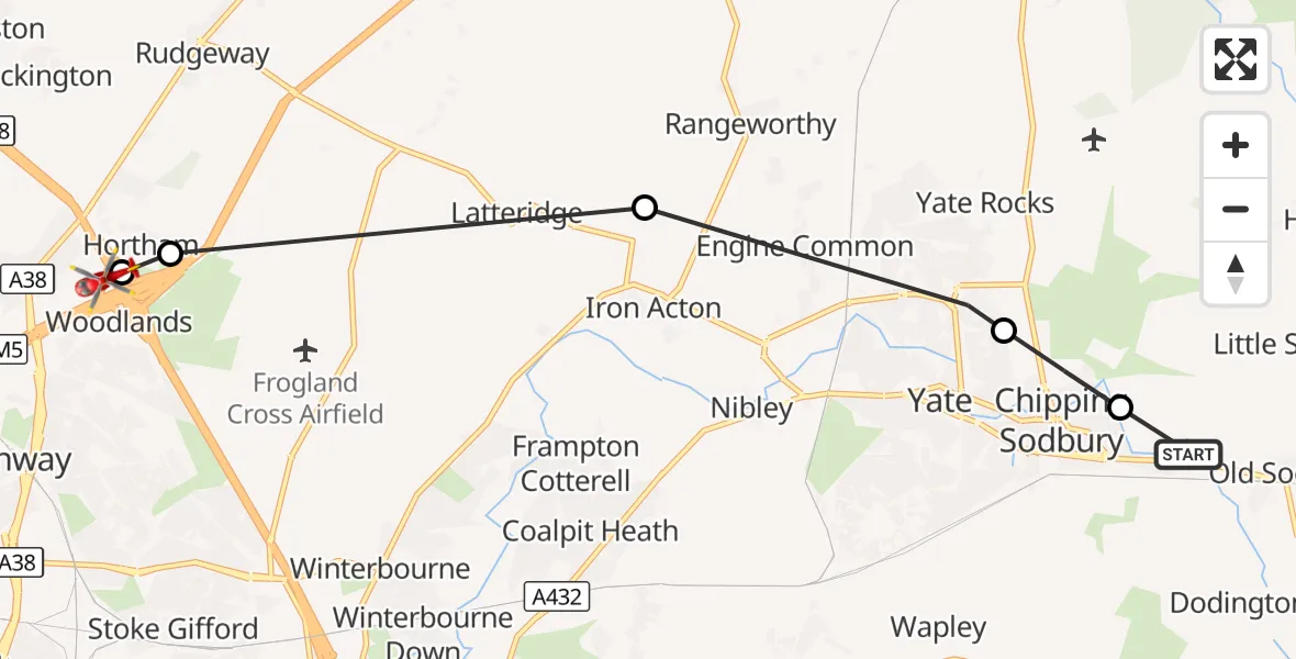 Flight route Air Ambulance Helicopter Little Sodbury - Almondsbury Helicopter Base, 20 September 2026, 12:55