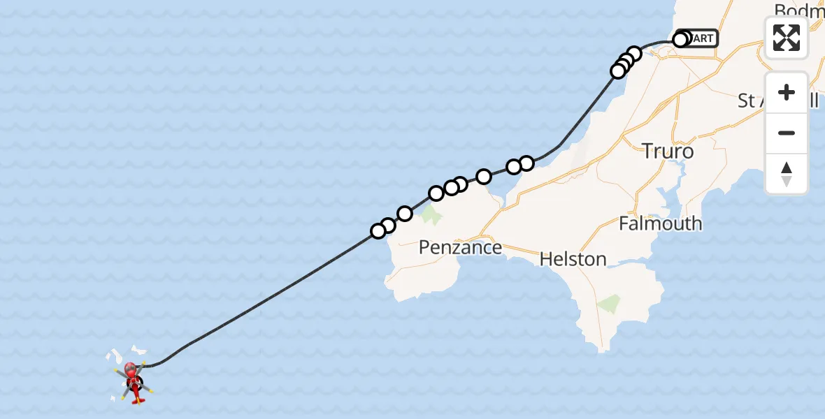 Flight route Air Ambulance Helicopter Cornwall Airport Newquay - St. Mary's Airport, 20 September 2026, 13:01