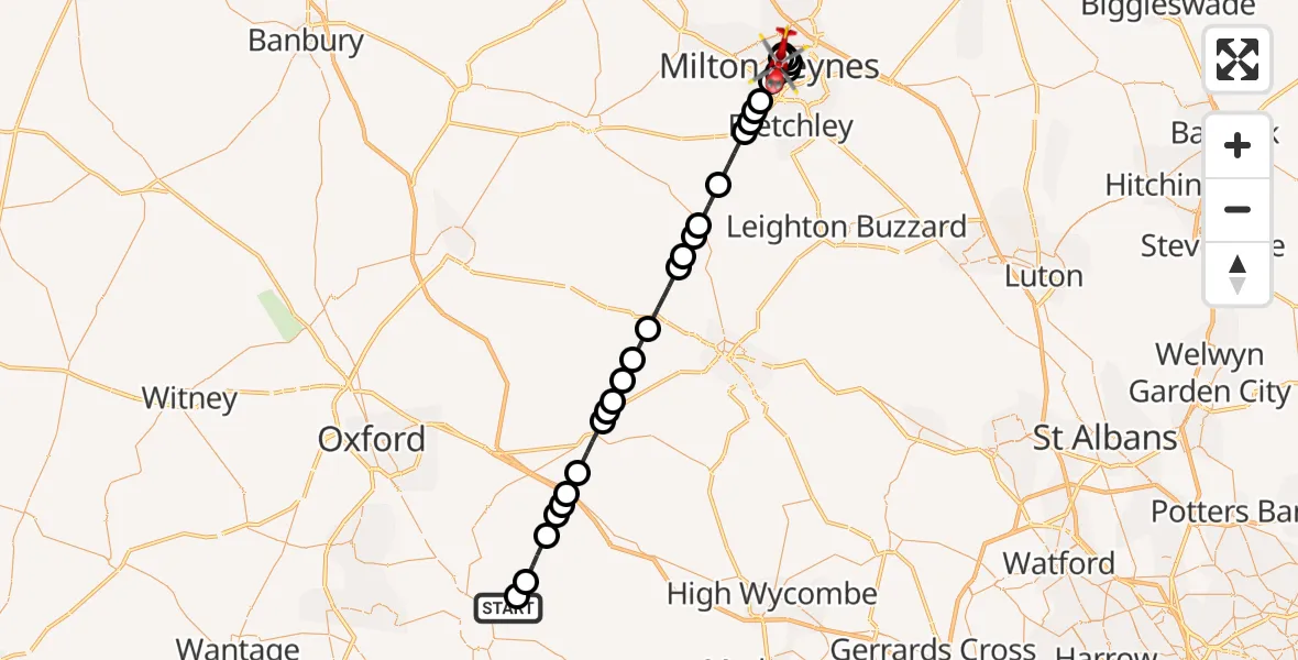 Flight route Air Ambulance Helicopter RAF Benson - Central Milton Keynes, 20 September 2026, 13:05