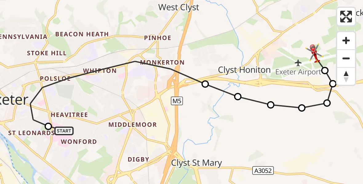 Flight route Air Ambulance Helicopter Royal Devon & Exeter Hospital - Exeter International Airport, 20 September 2026, 13:11