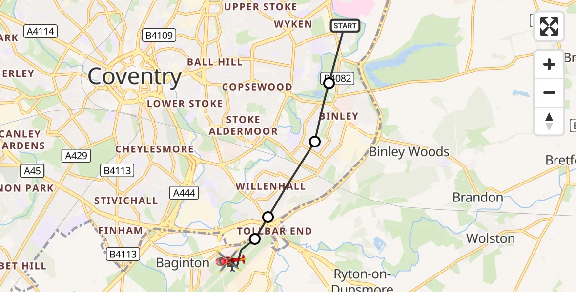 Flight route Air Ambulance Helicopter University Hospital Coventry - Coventry Airport, 20 September 2026, 13:13