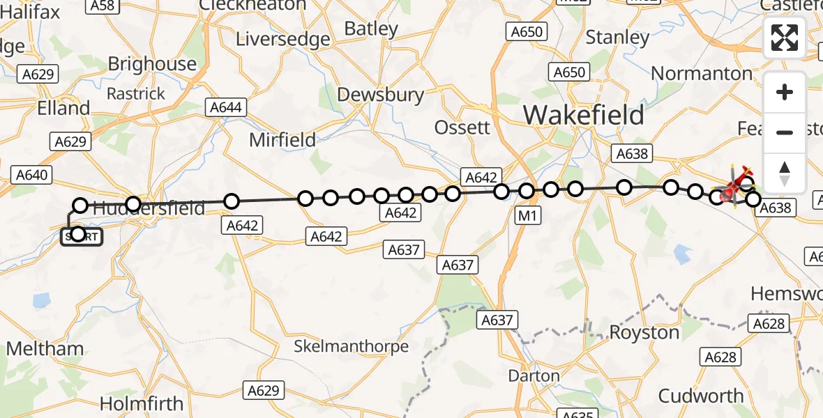 Flight route Air Ambulance Helicopter Milnsbridge - YAA Nostell Helicopter Port, 20 September 2026, 13:22