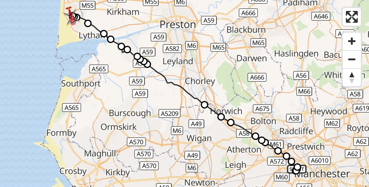 Flight route Air Ambulance Helicopter Eccles - Blackpool Airport, 20 September 2026, 13:21