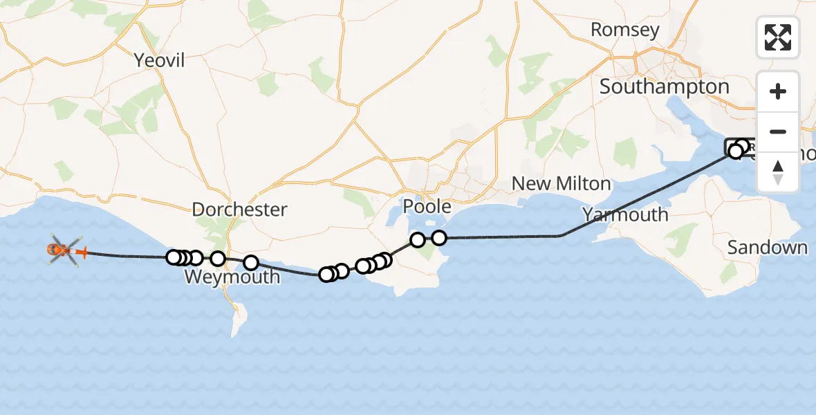 Flight route Coastguard Helicopter Solent Airport - English Channel, 20 September 2026, 13:24