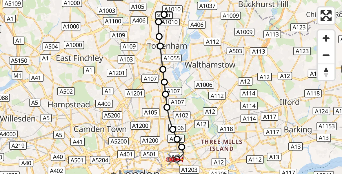 Flight route Air Ambulance Helicopter Edmonton - Royal London Hospital, 20 September 2026, 13:28