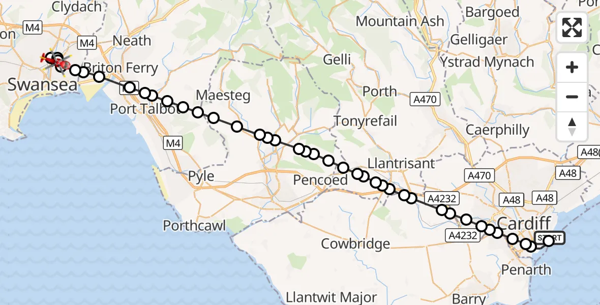 Flight route Air Ambulance Helicopter Cardiff Heliport - Pentre-chwyth, 20 September 2026, 13:34