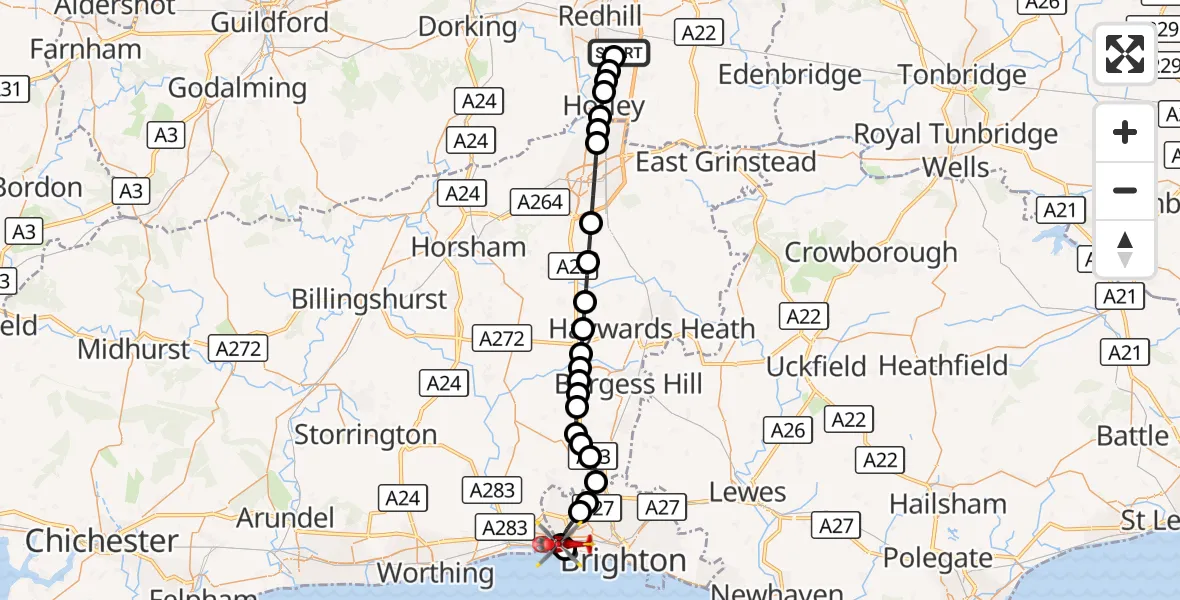 Flight route Air Ambulance Helicopter Redhill Aerodrome - Portslade by Sea, 20 September 2026, 13:39
