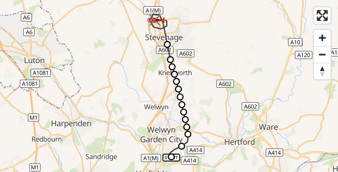 Flight route Air Ambulance Helicopter Hatfield - Stevenage, 20 September 2026, 13:42