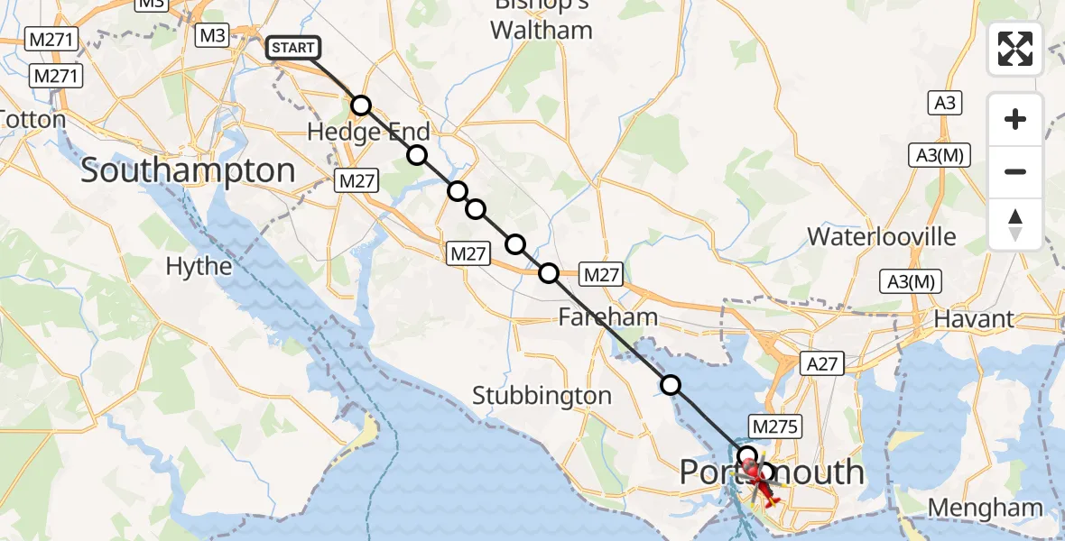 Flight route Air Ambulance Helicopter Eastleigh - Old Portsmouth, 20 September 2026, 13:50