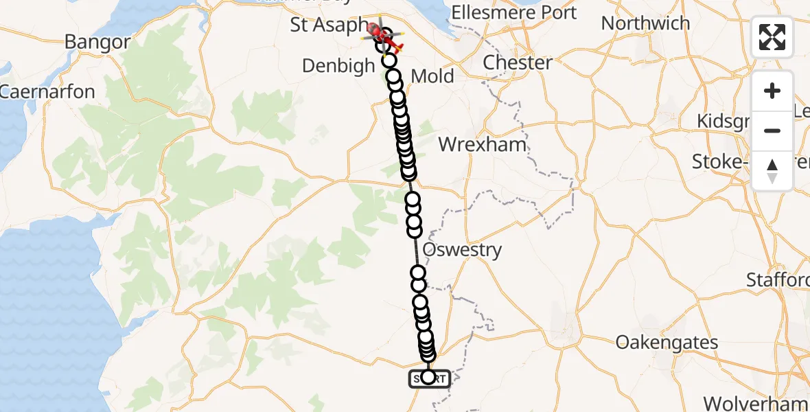 Flight route Air Ambulance Helicopter Welshpool Airport - Ysceifiog, 20 September 2026, 13:54