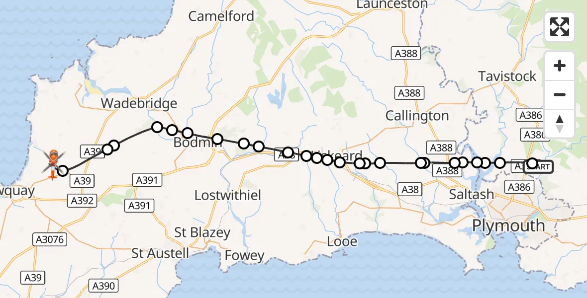Flight route Coastguard Helicopter Bickleigh - Cornwall Airport Newquay, 20 September 2026, 14:25