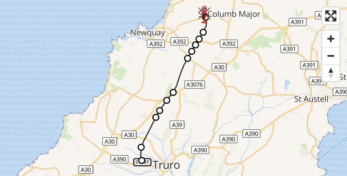 Flight route Air Ambulance Helicopter Treliske Hospital - Cornwall Airport Newquay, 20 September 2026, 14:33