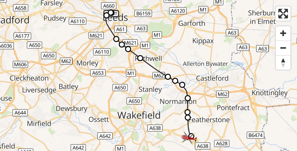 Flight route Air Ambulance Helicopter Woodhouse - YAA Nostell Helicopter Port, 20 September 2026, 14:33