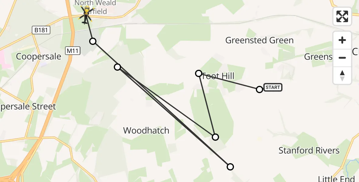 Flight route Police Helicopter Toot Hill - North Weald Bassett, 20 September 2026, 14:40