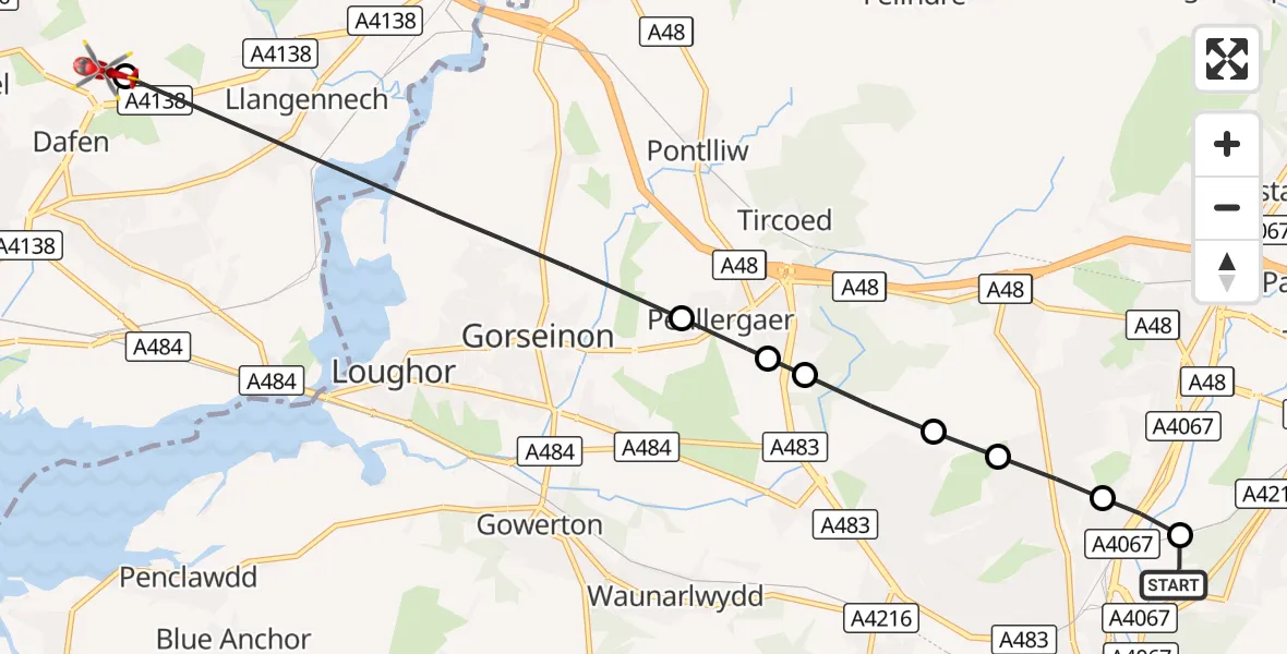 Flight route Air Ambulance Helicopter Pentre-chwyth - Dafen, 20 September 2026, 14:47