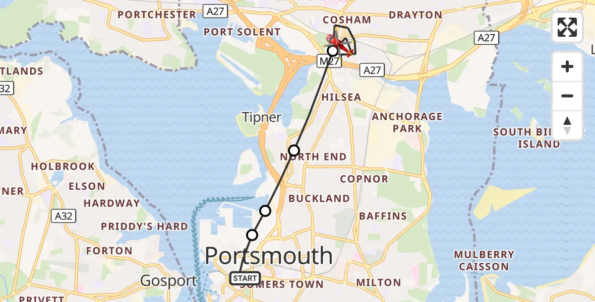 Flight route Air Ambulance Helicopter Old Portsmouth - Cosham, 20 September 2026, 14:59