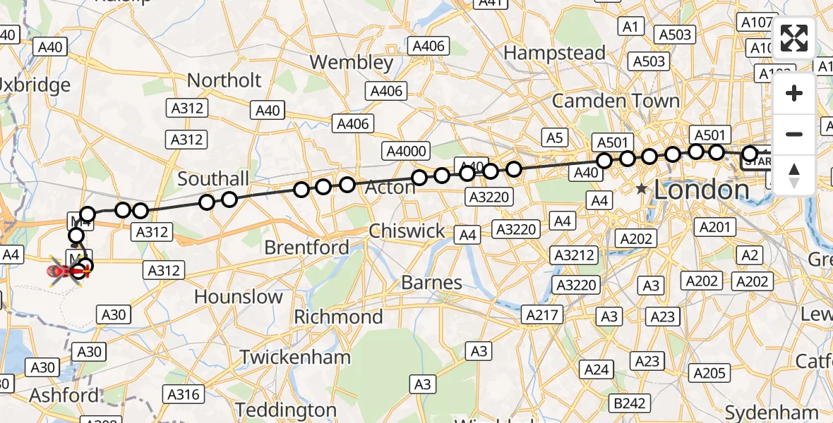 Flight route Air Ambulance Helicopter Royal London Hospital - London Heathrow Airport, 20 September 2026, 15:01