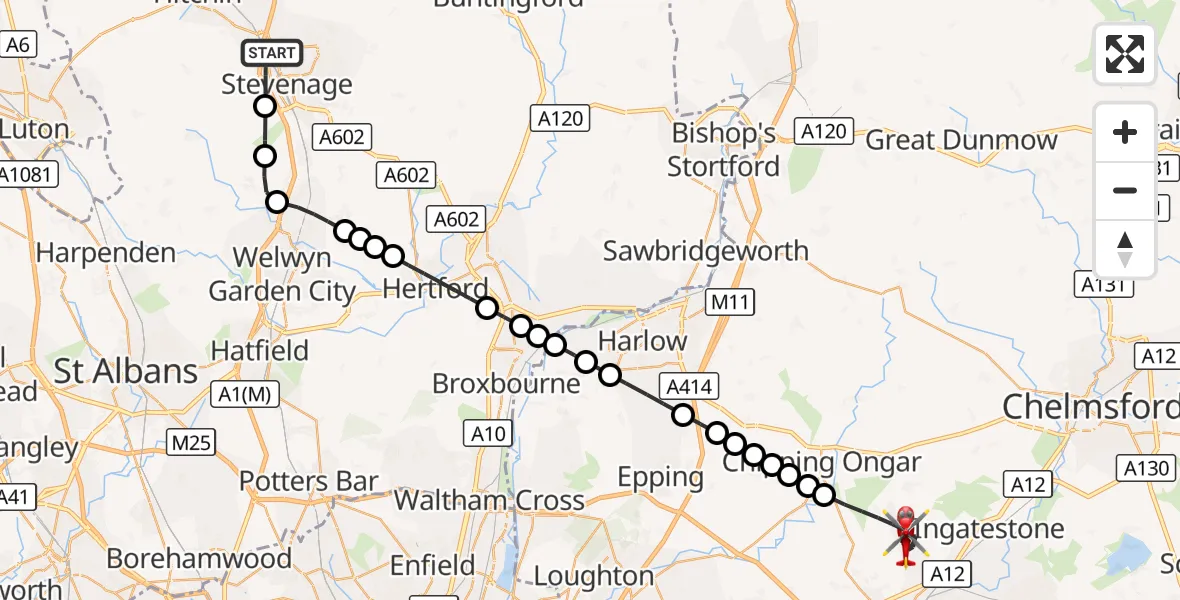 Flight route Air Ambulance Helicopter Stevenage - Brentwood, 20 September 2026, 15:01