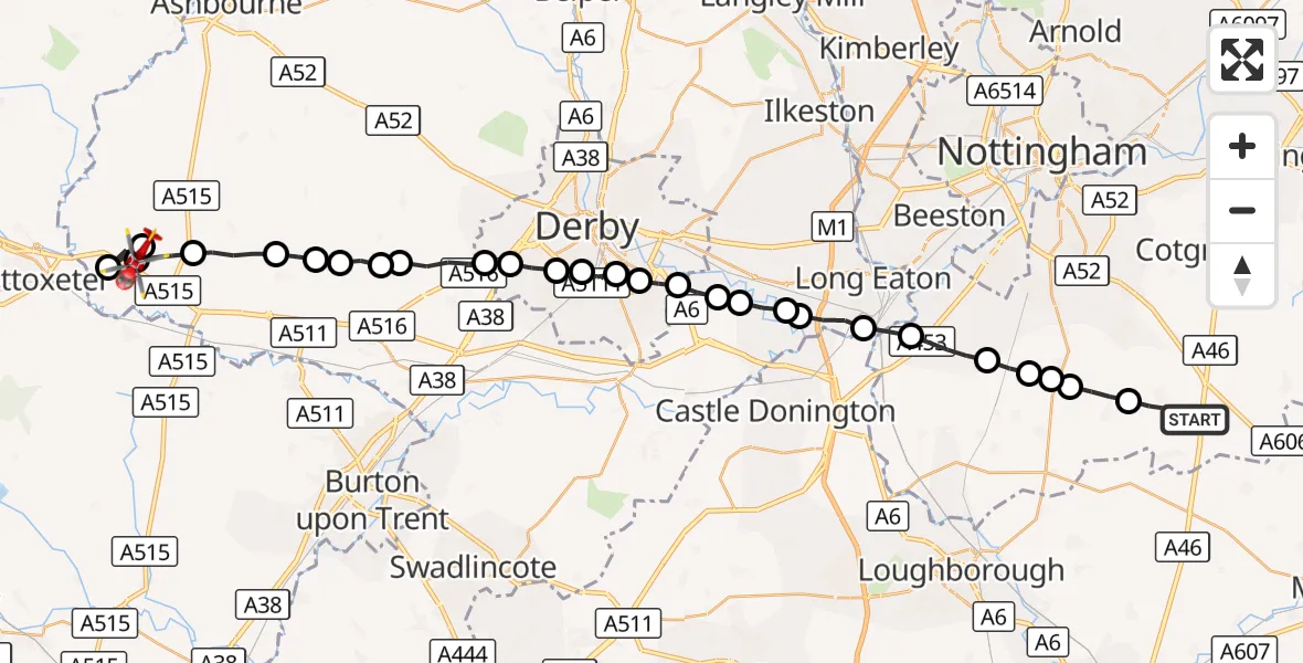 Flight route Air Ambulance Helicopter Widmerpool - Derbyshire Dales, 20 September 2026, 15:06