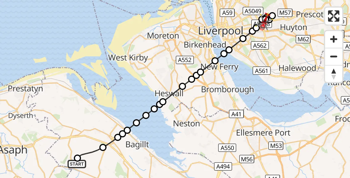 Flight route Air Ambulance Helicopter Afon-wen - Knotty Ash, 20 September 2026, 15:06