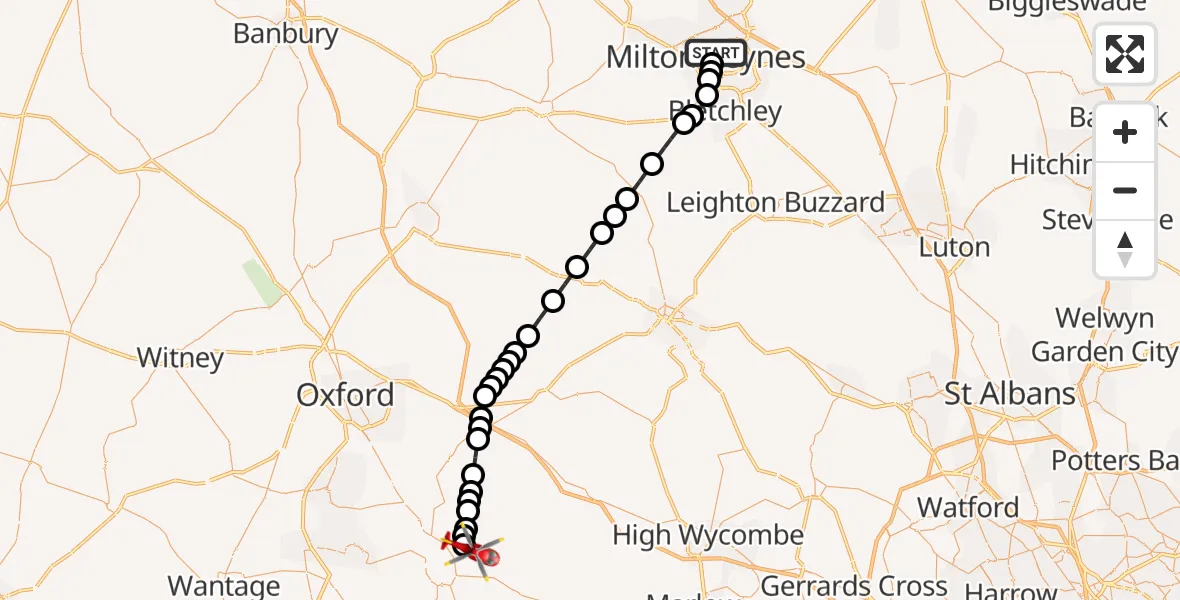Flight route Air Ambulance Helicopter Central Milton Keynes - RAF Benson, 20 September 2026, 15:32