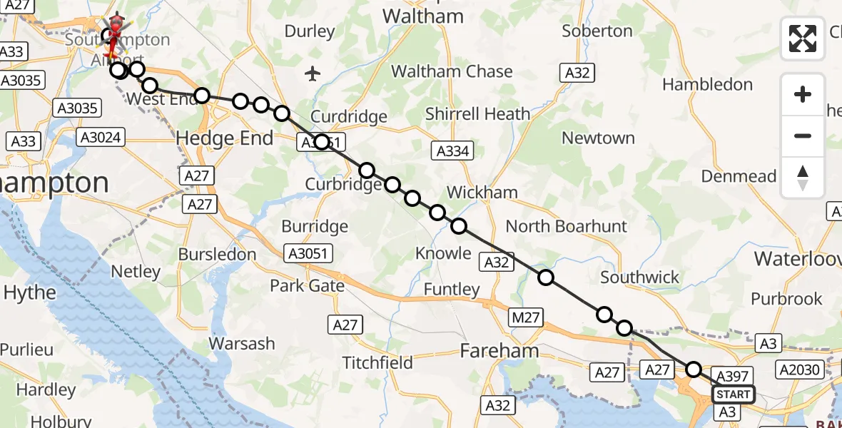 Flight route Air Ambulance Helicopter Cosham - Southampton Airport, 20 September 2026, 15:41