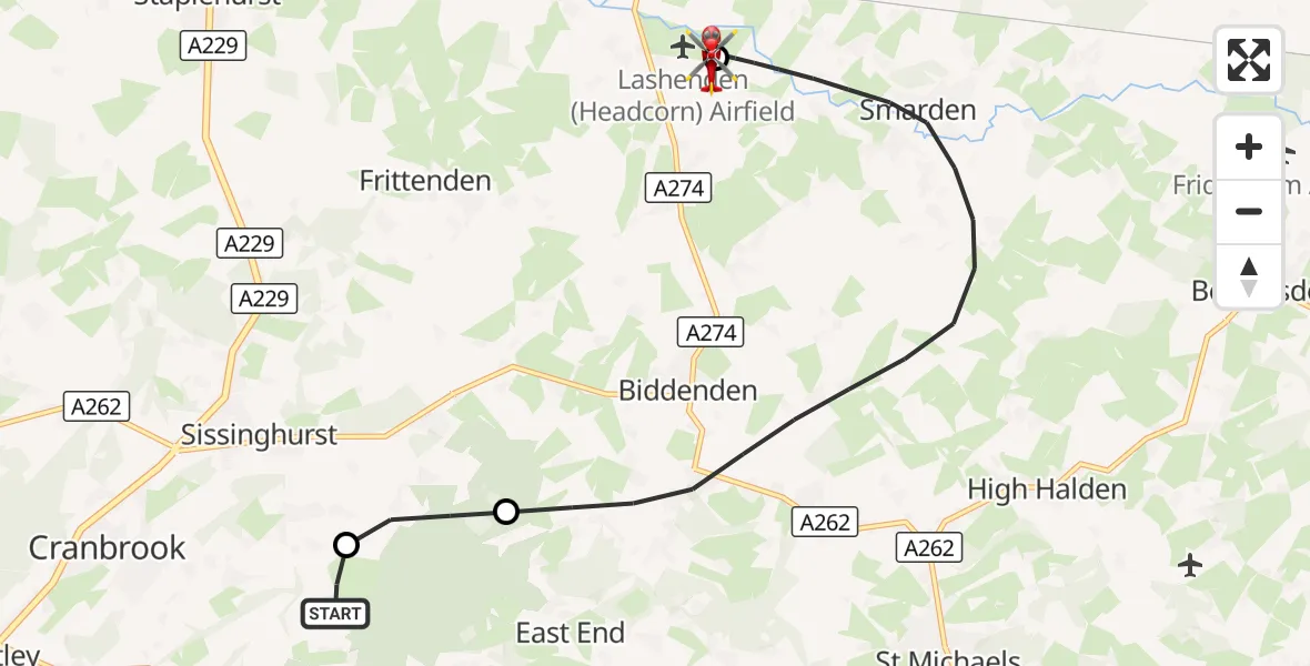 Flight route Air Ambulance Helicopter Benenden - Headcorn Aerodrome, 20 September 2026, 15:43