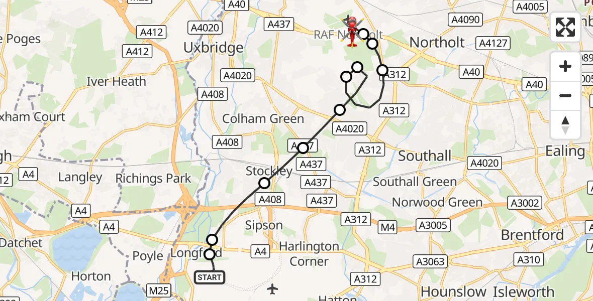 Flight route Air Ambulance Helicopter London Heathrow Airport - RAF Northolt, 20 September 2026, 15:49