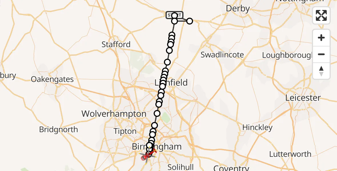 Flight route Air Ambulance Helicopter Derbyshire Dales - Metchley, 20 September 2026, 16:00