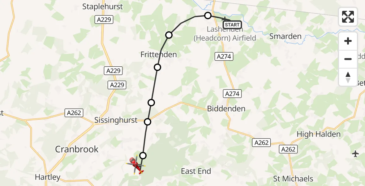 Flight route Air Ambulance Helicopter Headcorn Aerodrome - Benenden, 20 September 2026, 16:04