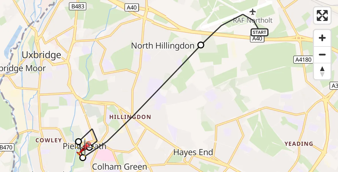 Flight route Air Ambulance Helicopter RAF Northolt - Yiewsley, 20 September 2026, 16:06