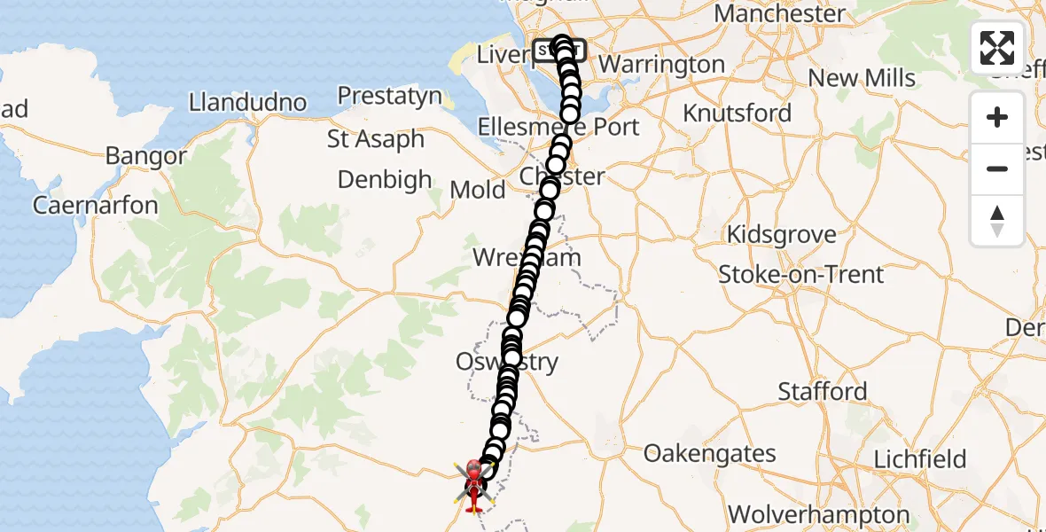 Flight route Air Ambulance Helicopter Knotty Ash - Welshpool Airport, 20 September 2026, 16:25