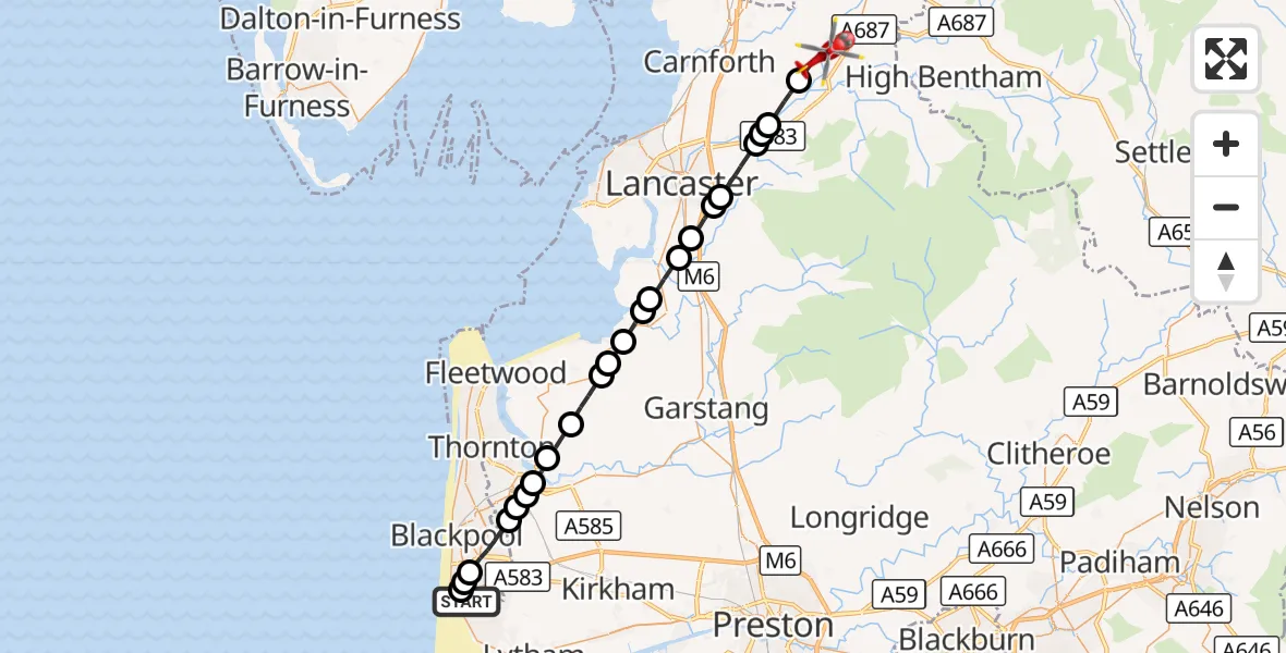 Flight route Air Ambulance Helicopter Blackpool Airport - Gressingham, 20 September 2026, 16:26
