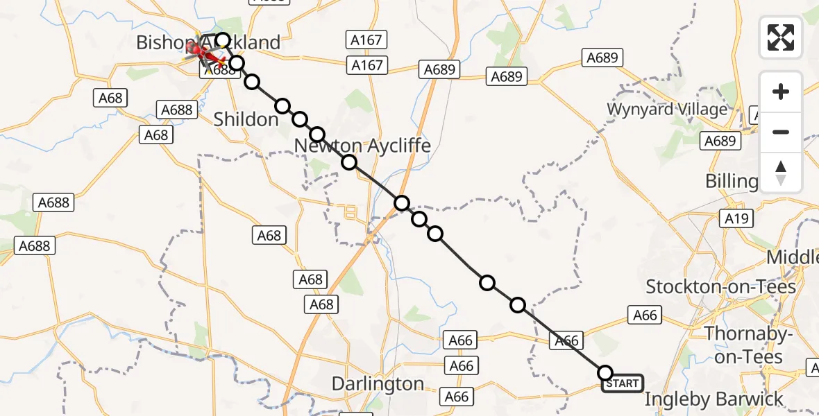 Flight route Air Ambulance Helicopter Egglescliffe - Bishop Auckland, 20 September 2026, 16:28