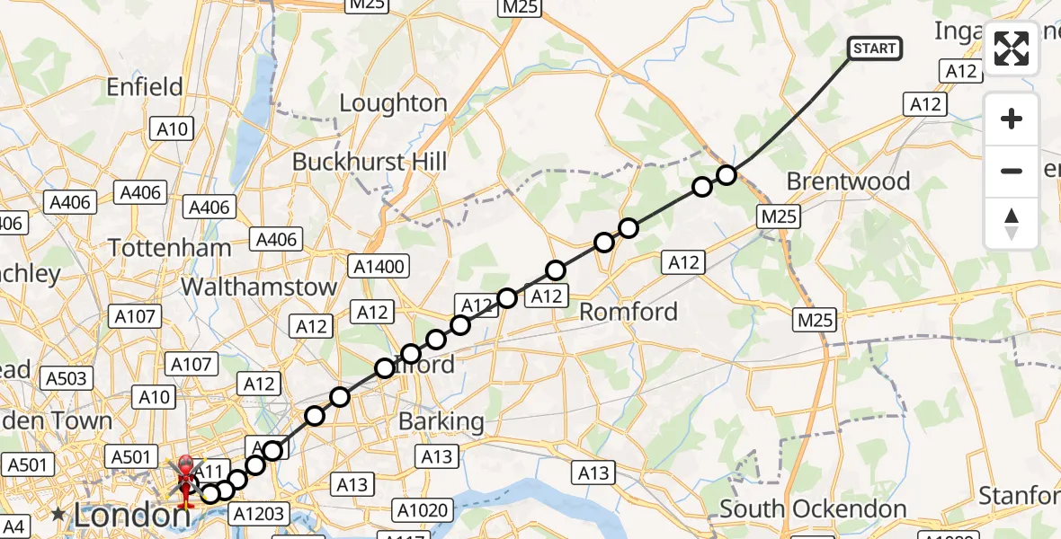 Flight route Air Ambulance Helicopter Brentwood - Royal London Hospital, 20 September 2026, 16:34