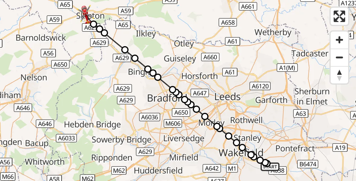 Flight route Air Ambulance Helicopter YAA Nostell Helicopter Port - Skipton, 20 September 2026, 16:35