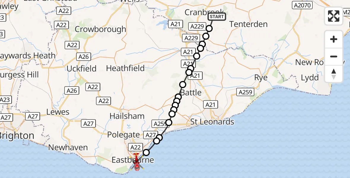 Flight route Air Ambulance Helicopter Benenden - Eastbourne, 20 September 2026, 16:44