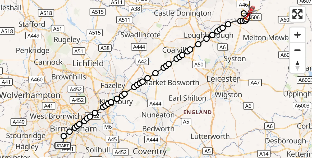 Flight route Air Ambulance Helicopter Shenley Fields - Hickling, 20 September 2026, 16:46