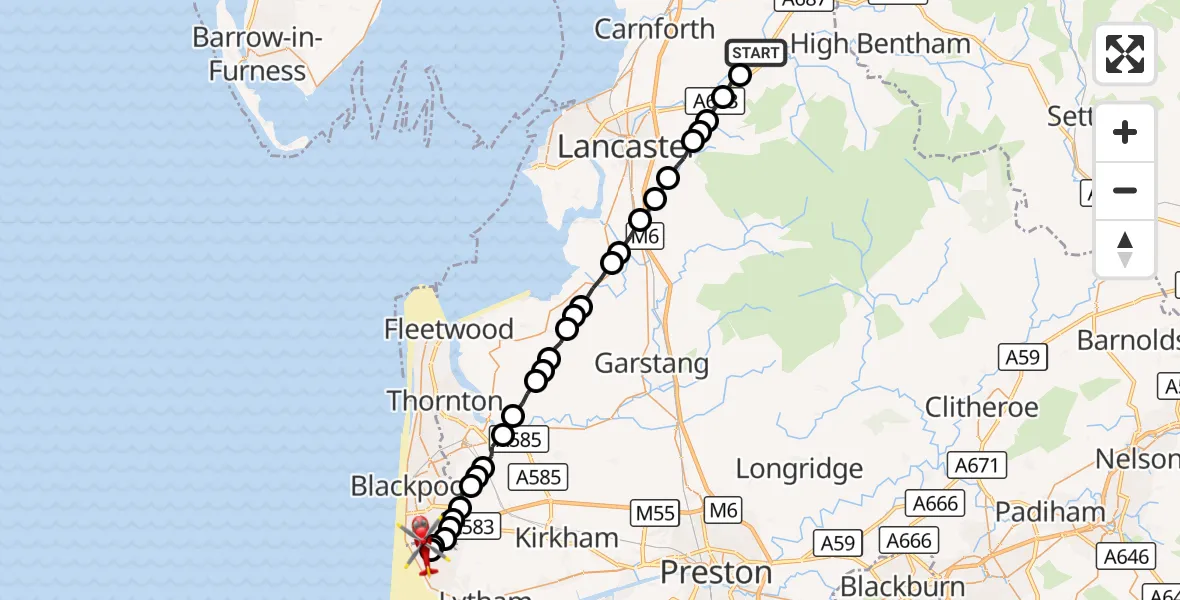 Flight route Air Ambulance Helicopter Gressingham - Blackpool Airport, 20 September 2026, 16:50
